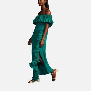 Anthropologie off the shoulder green pleated dress